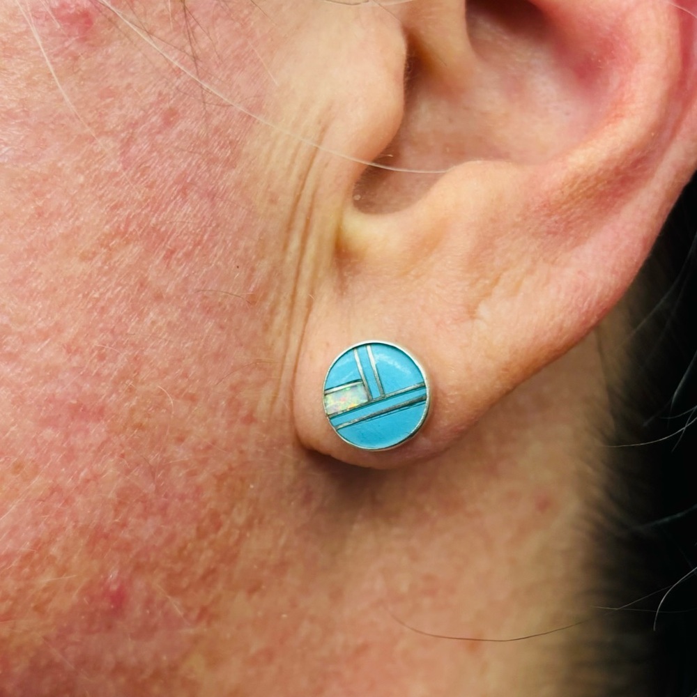 Turquoise and white opal inlay stud earrings 925 - Picture 2 of 2